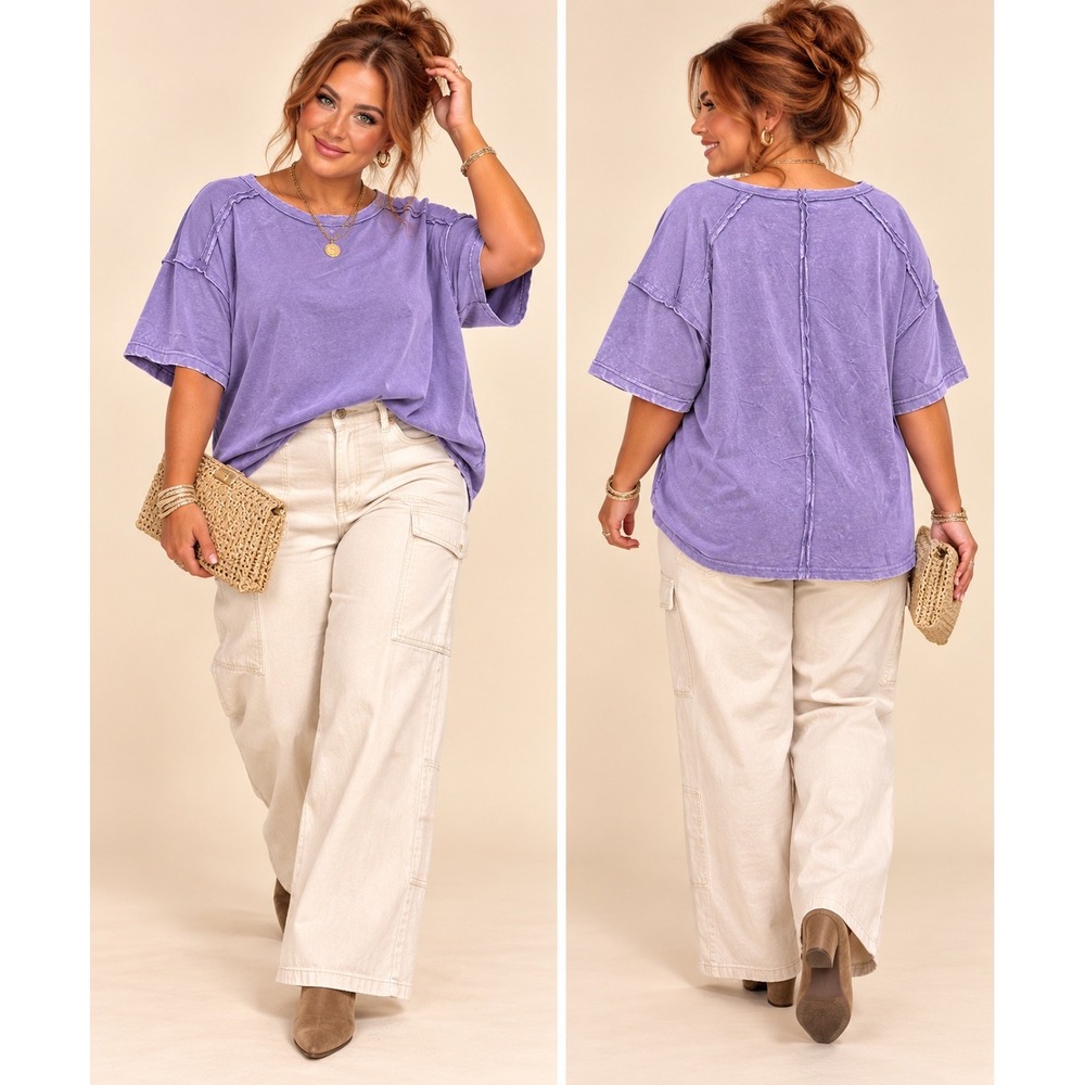 Zenana NWT Lavender Haze Purple Acid Wash Cotton Relaxed Casual Tee - 3X